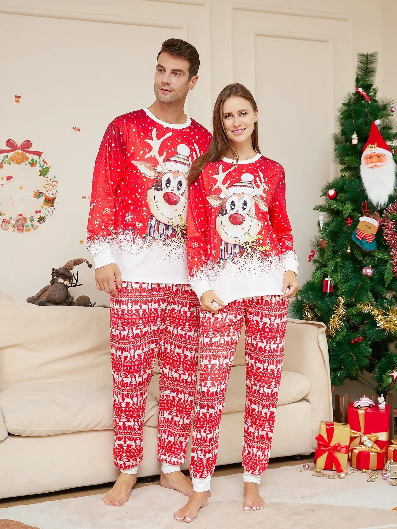 Maxy Christmas Pajamas Family Set Cartoon Deer Printed Red White Long Sleeve Family Matching Christmas Pajamas Pjs Set