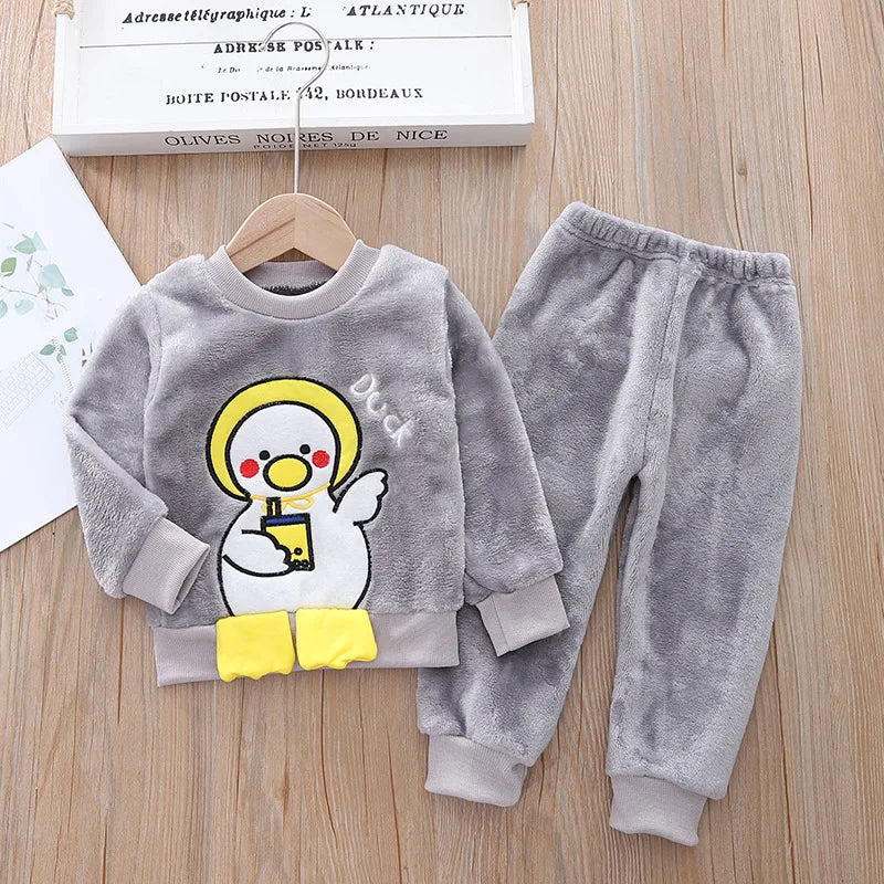 Babs Boy Clothing Set Autumn and Winter Velvet Thick Warm Casual Hooded Sweater Cartoon Cute Bear 3Pcs Toddler Girl Clothes Suit