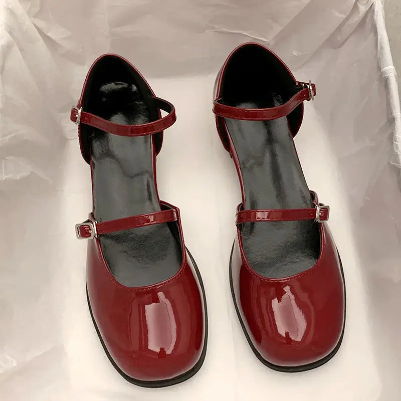 Maxy Shoes Buckle Pumps Women Thick Heels Elegant Shallow Square Toe Footwear Party Office Lady Leather Loafers Shoes