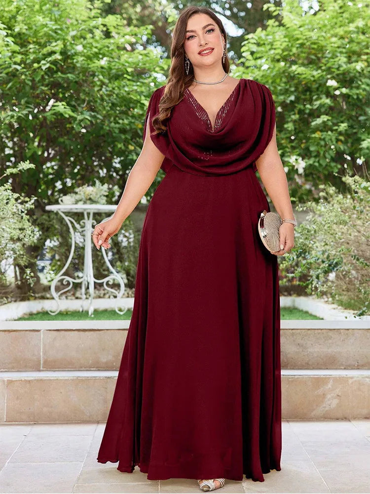 Maxy Plus Size V Neck Chiffon Yellow Floor Floor Bridesmaid Luxury Dress 4XL 5XL Big Size Shiny Chiffon Banquet Evening Dress Women