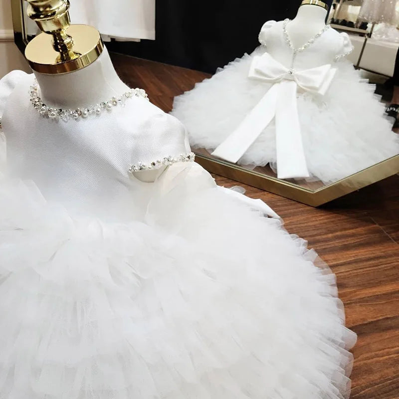 Amay Baby Girls White Lace Princess Tutu Dress Kids Infant Layered Tulle Dress Ball Gown Children Birthday Party Christmas Dresses