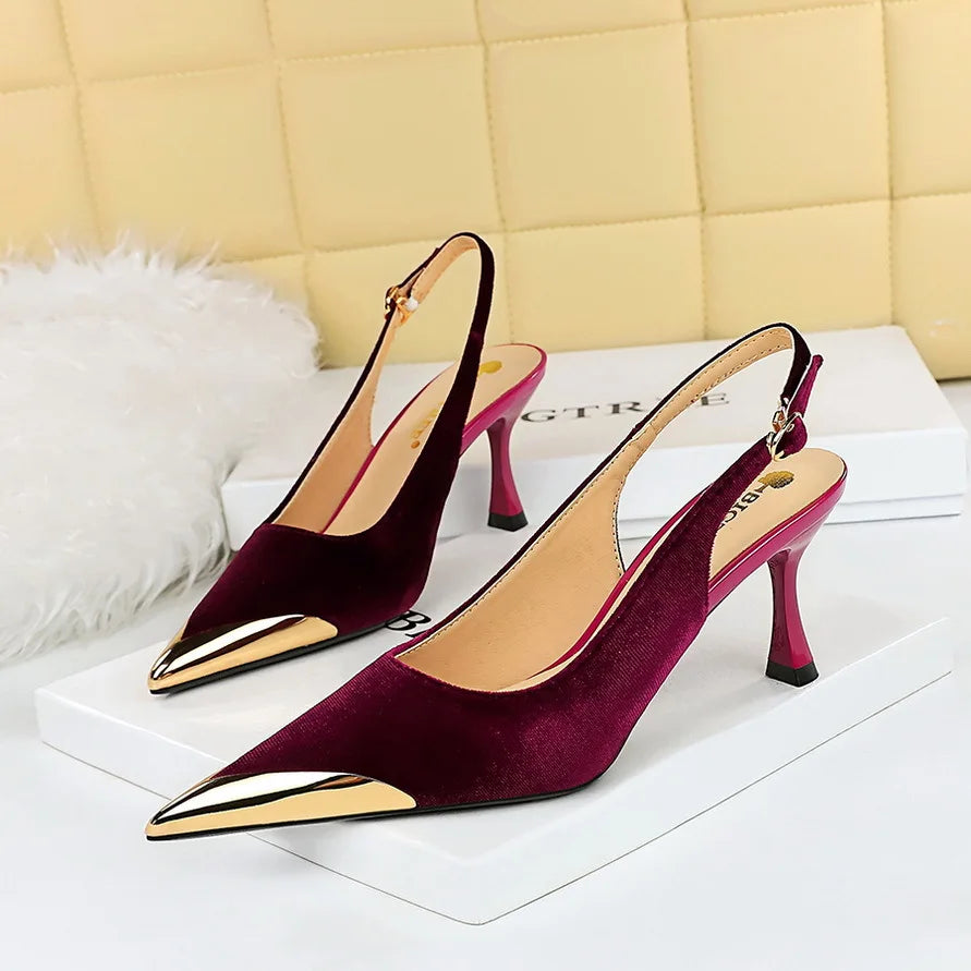 Women 7cm High Heels Green Burgundy Slingback Strap Pumps Lady Metal Toe Velvet Kitten Low Heels Nightclub Evening Party Shoes