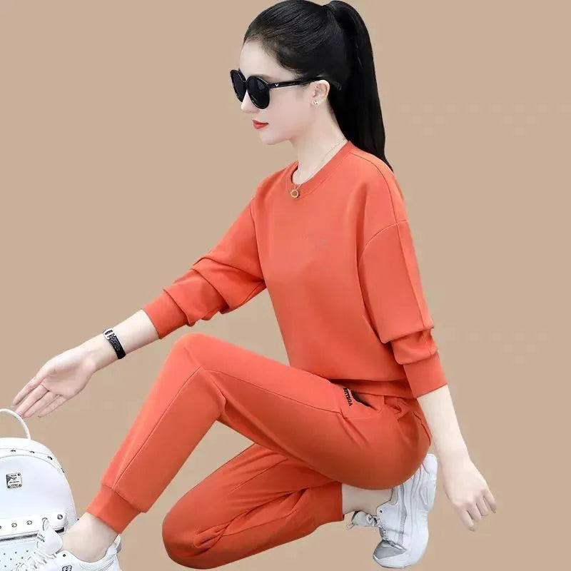 Maxy Round Necked Sports Suit For Women In Spring And Autumn New Fashion Korean Long Sleeve Crop Top And Pants 2 Two Piece Set