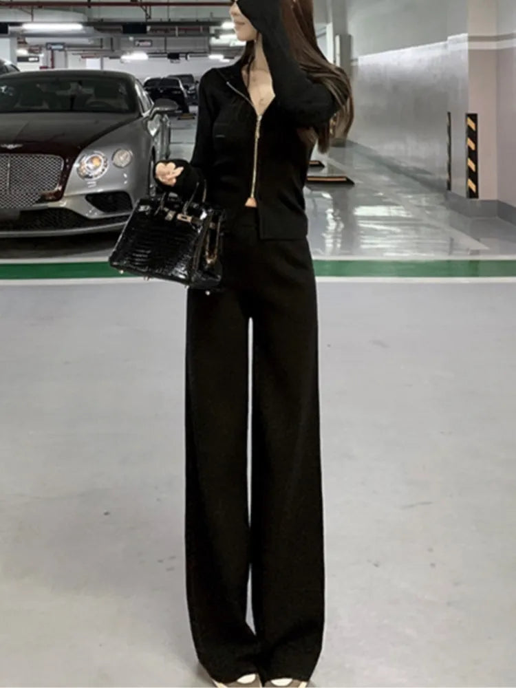 Amay Women's Knitted Tracksuits Casual Hooded Jacket & High Waist Long Pants 2 Piece Set Femme Fashion Clothing Outfit