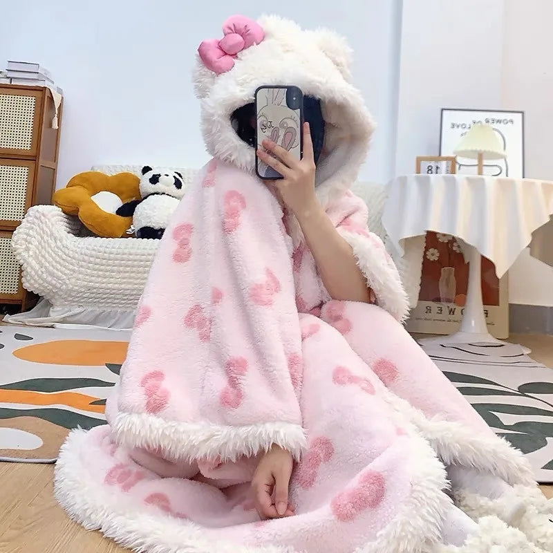 Visco Hooded Hello kitty Plush Robes Girls Cute Sanrio Anime Pajamas Blanket High Quality Casual Fleece Sleepwear Women Clothing