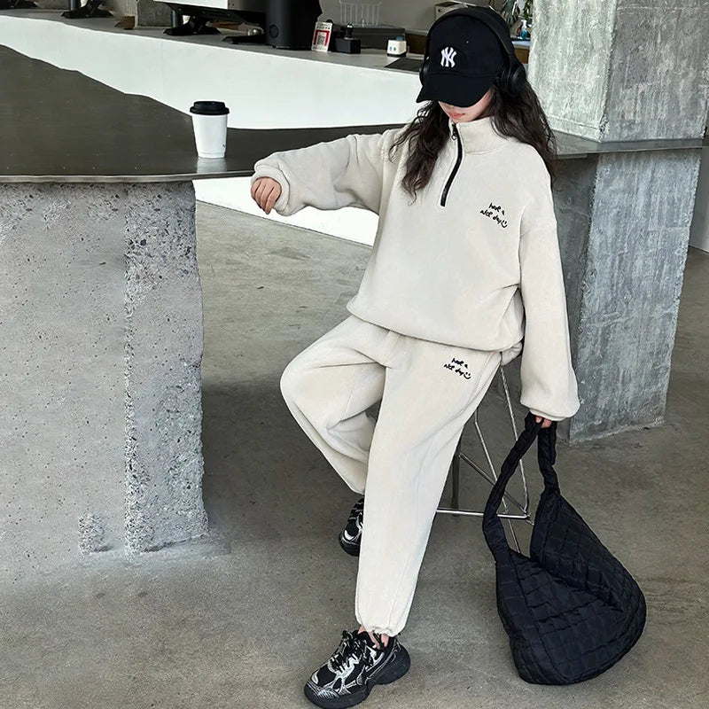 Maxy Girls Suits Winter Casual Two-piece Set Fashion New Korean Children Pack Fleece Thickened Letter Hoodie Pants Clothes