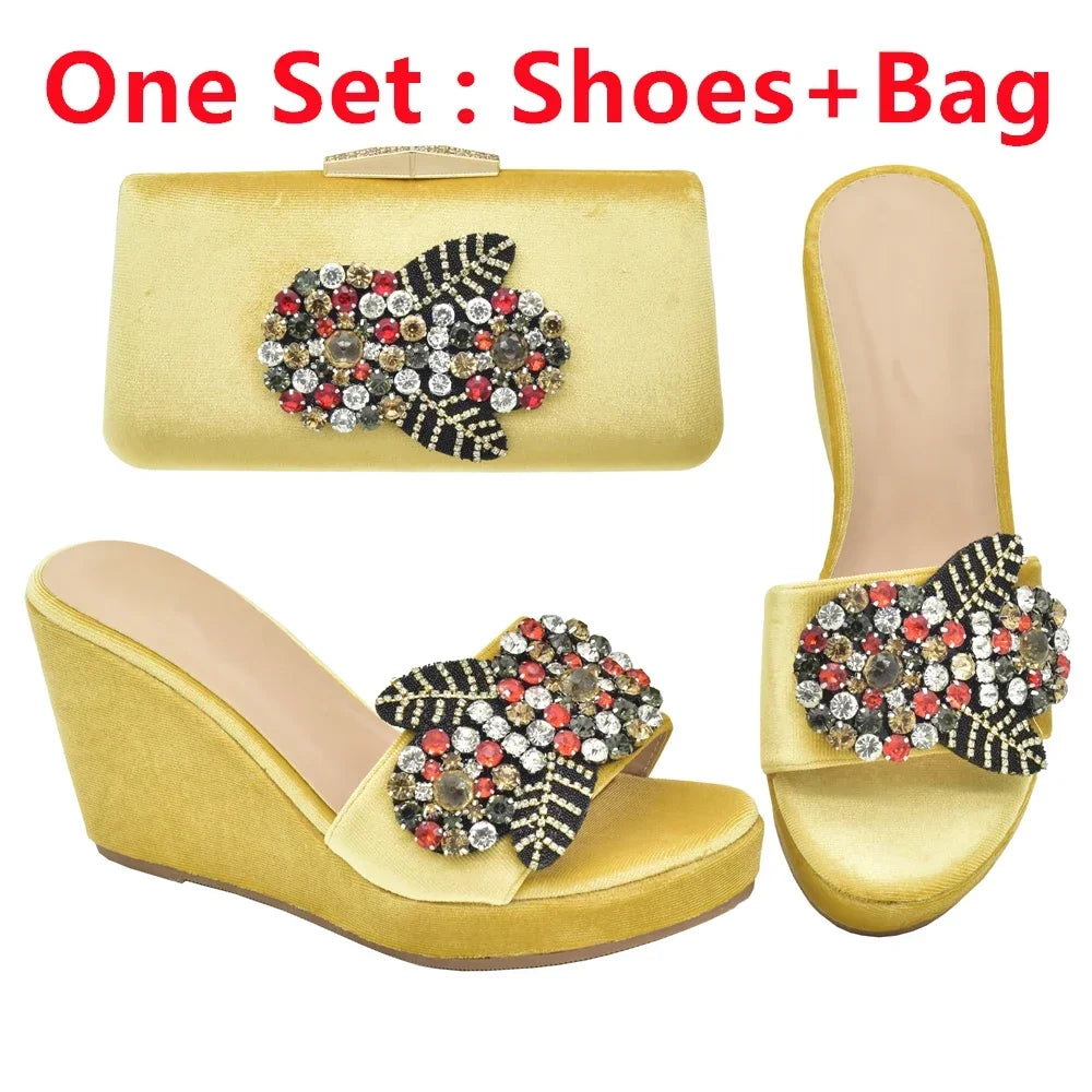 Maxy Latest Design Shoe and Bags Set Wedges Shoes for Women Wedding Shoes Bride Rhinestone Italy Women Party Pumps with Purse