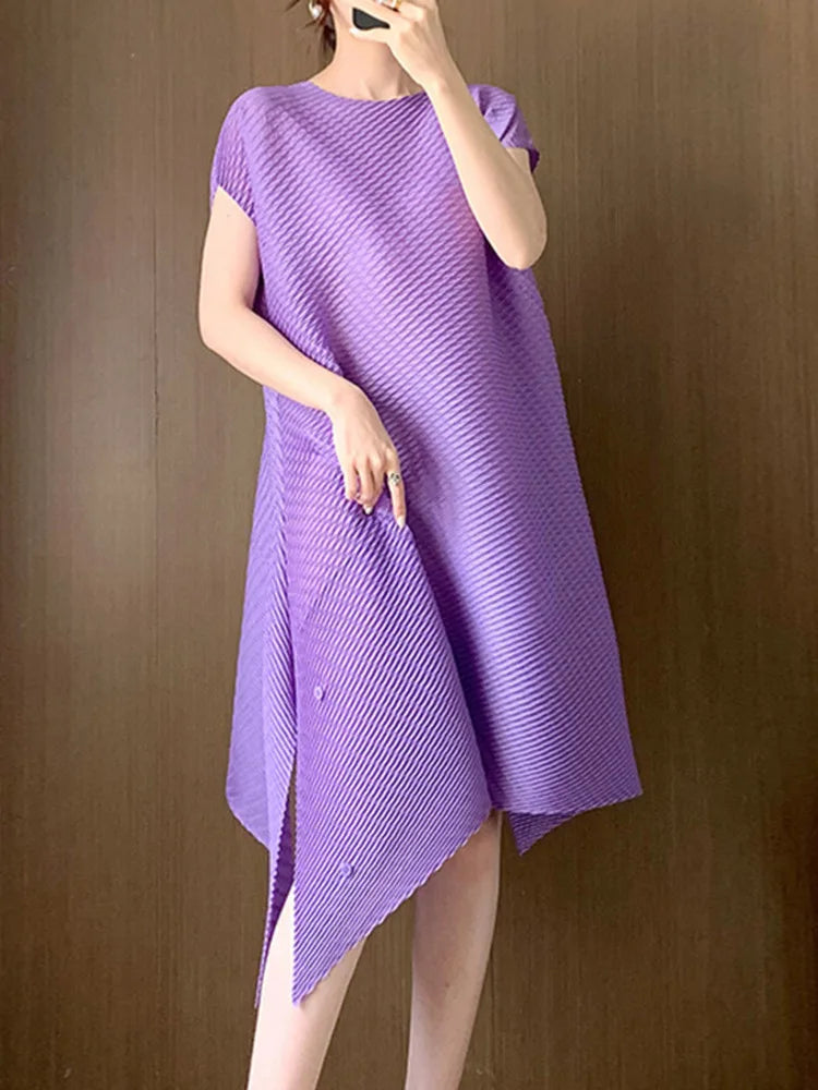 Maxy Irregular Pleated Dress Women O-neck Casual Solid Color Short Sleeves Mini Dresses Summer New Clothing 2AA5318