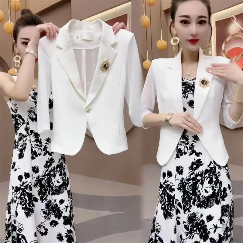 Maxy Popular High-End Brooch Blazer Slip Dress Suit Jacket Women's Summer Fashion Blazer Suit Skirt Two-Piece Set Sling Print Dress