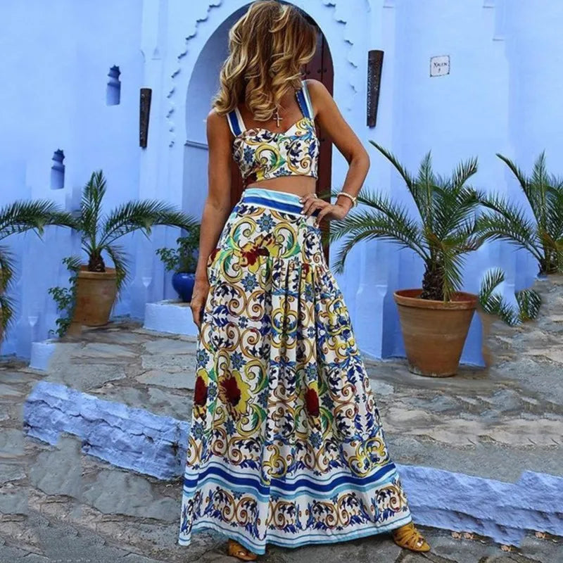 Maxy Bohemian Print Skirt Two Piece Set For Women Sexy Crop Camisole Top And Skirts 2 Piece Sets Summer Beach Holiday Suit Female