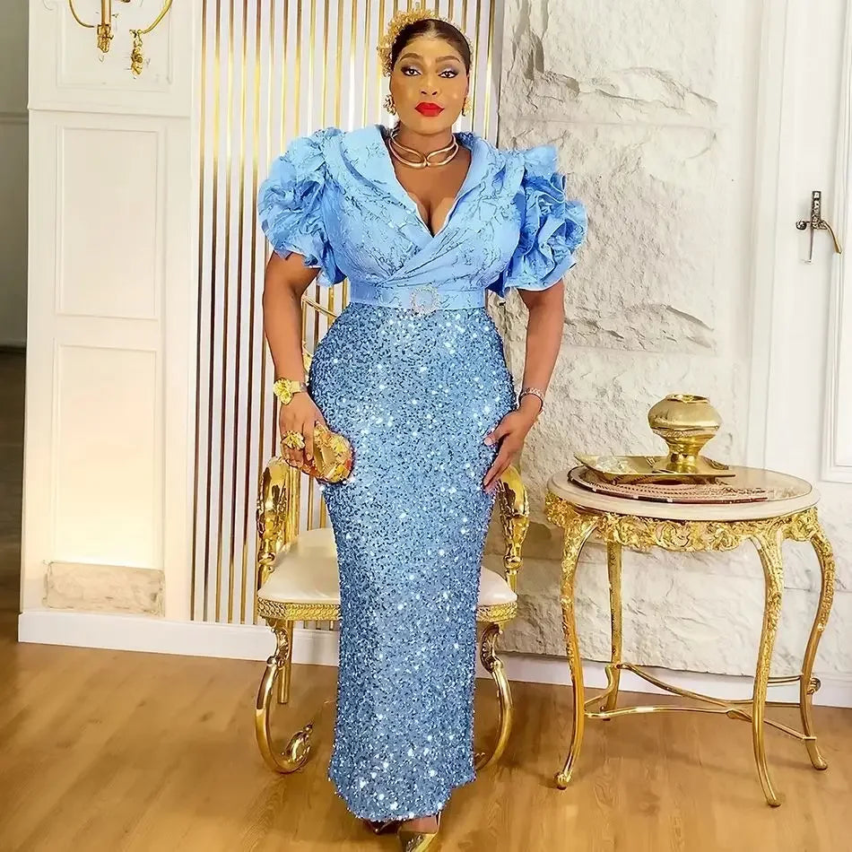 Amay Plus Size Evening Dresses for Women Luxury Sequin Gown Elegant Turkey Wedding Party Long Dress Ankara Ladies Clothing