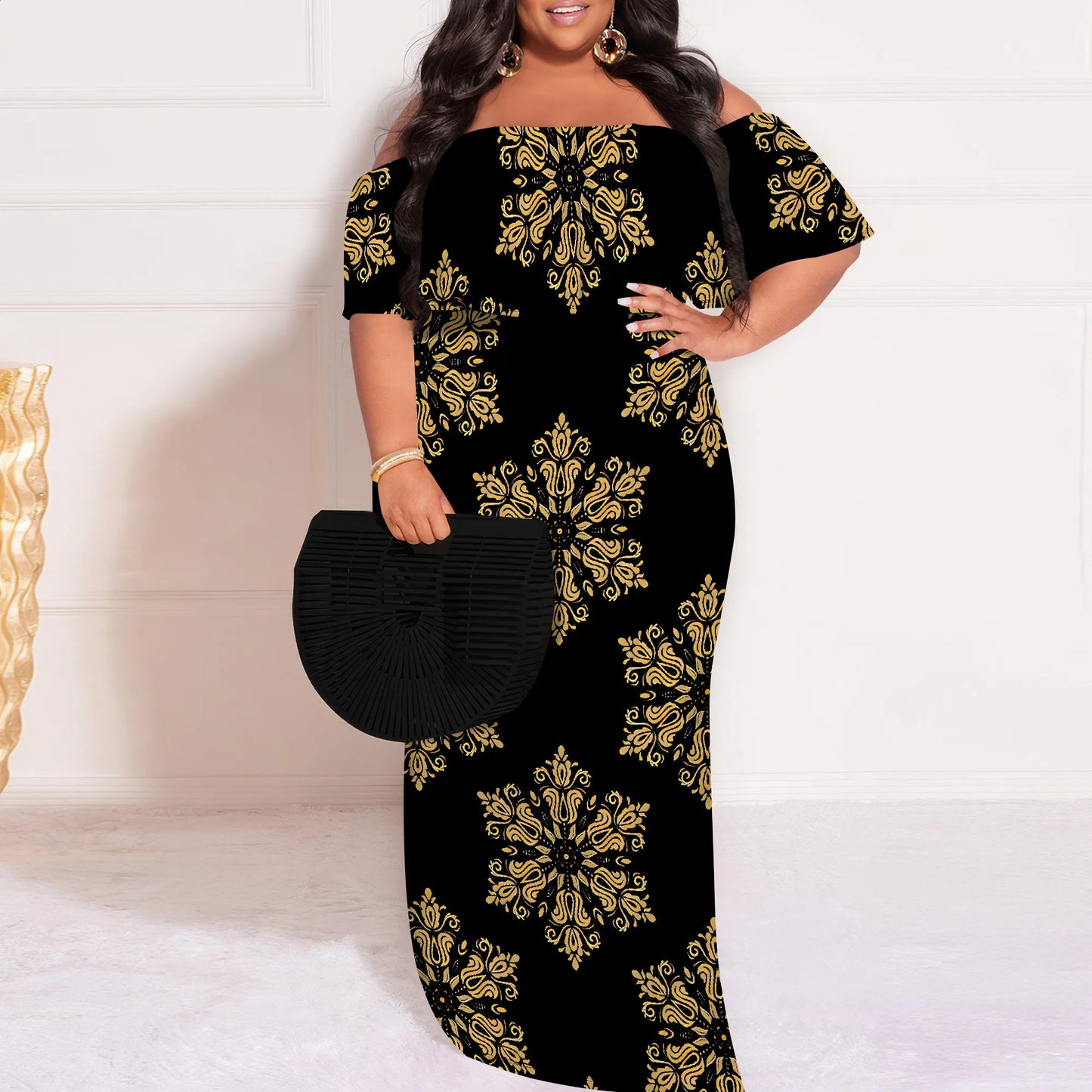 Amay Plus Size Elegant Off Shoulder Dress for Women African Inspired Pattern Long Evening Gown