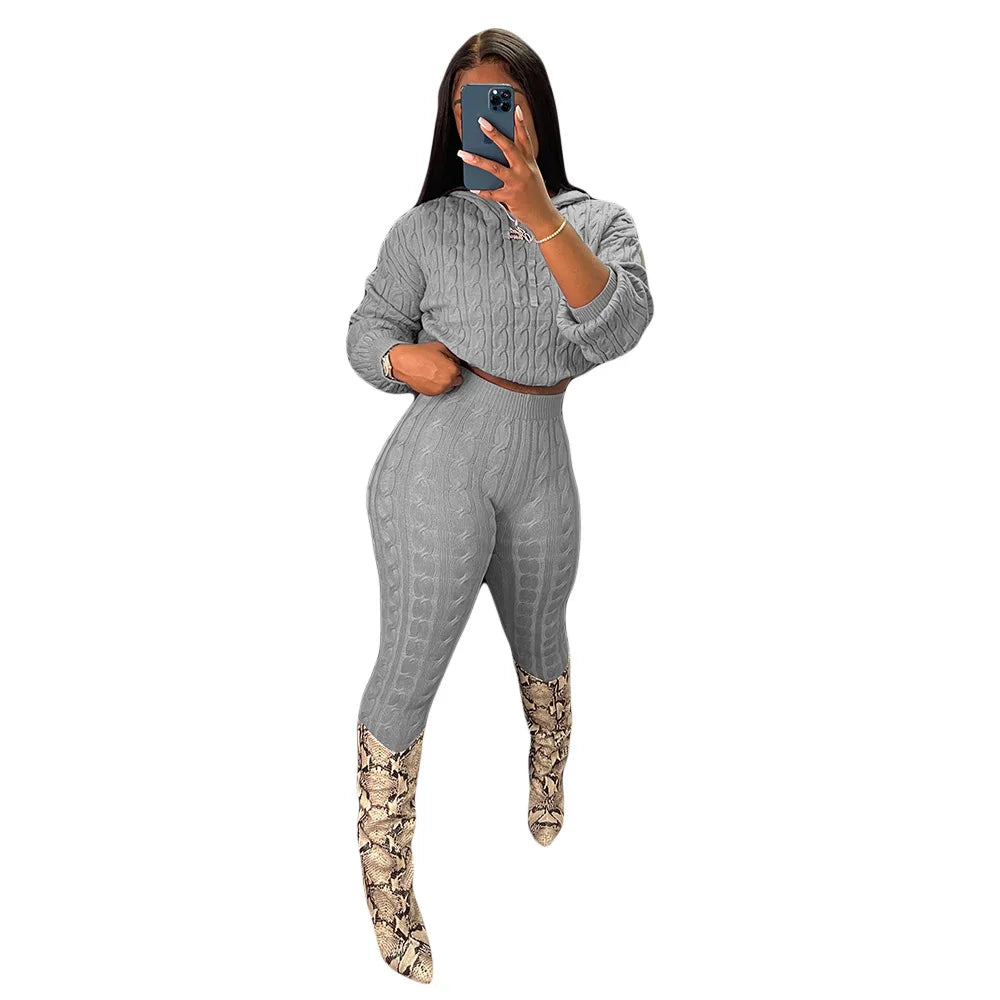 Maxy Fall Winter Women Knit Sweater Matching Sets Skinny Hoodies and Pants Clothing Casual Loungewear 2 Two Piece Outfits