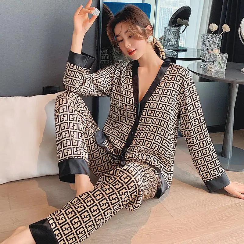 Maxy Pajamas Suit Women Satin Print Nightwear Casual 2PCS Pajama's Set Sleepwear V-Neck Intimate Lingerie Nightgown Comfy Home Wear