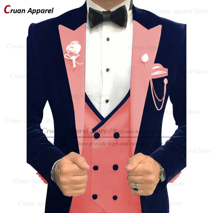 Maxy Luxury Velvet Men Suits Set Slim Fit Trendy Prom Wedding Groom Jacket with Double Breasted Vest Pants 3 Piece