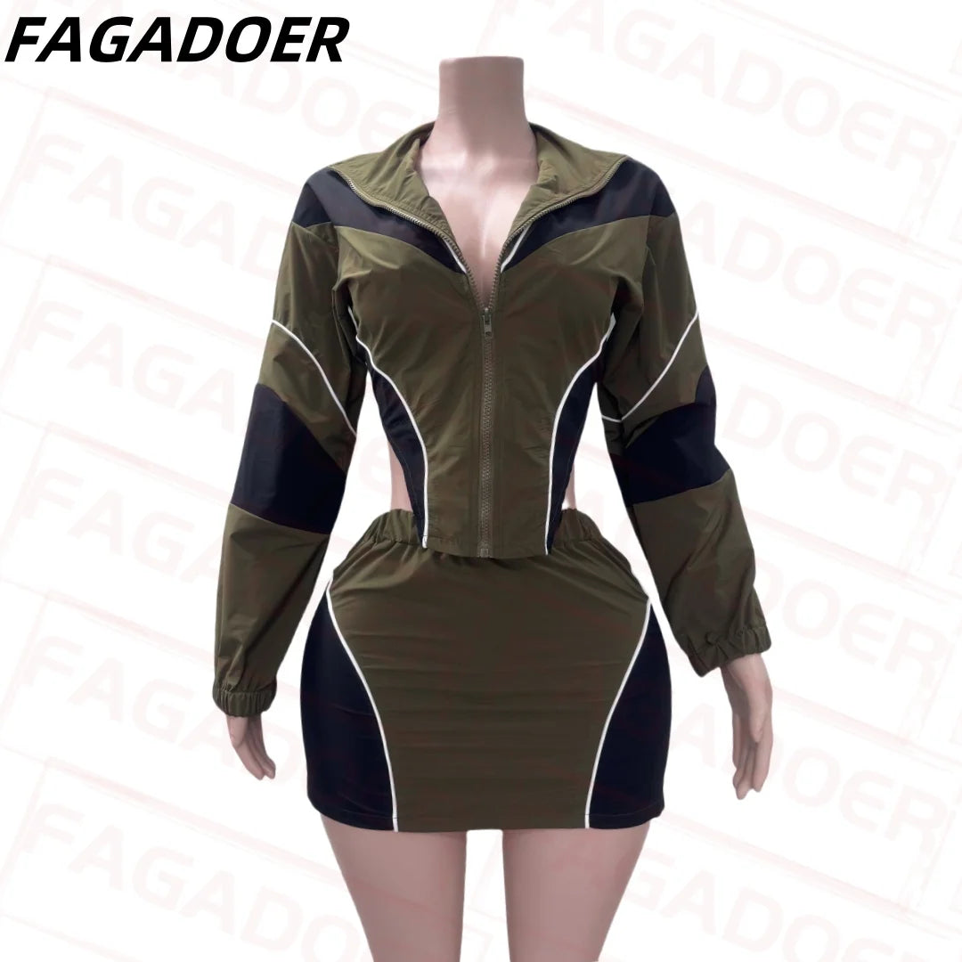 Maxy FAGADOER Color Block Two Piece Set For Women Casual Zip Lantern Sleeve Irregular Crop Jacket + High Waist Skirts Suit Streetwear