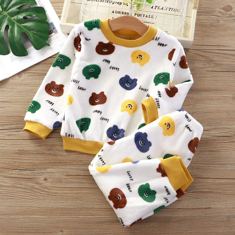 Maxy New 2024 Autumn Winter Kids Thick Warm Flannel Pajama Sets Baby Boys Girls Cartoon Long Sleeve O-neck Clothing Sleepwear Pyjamas