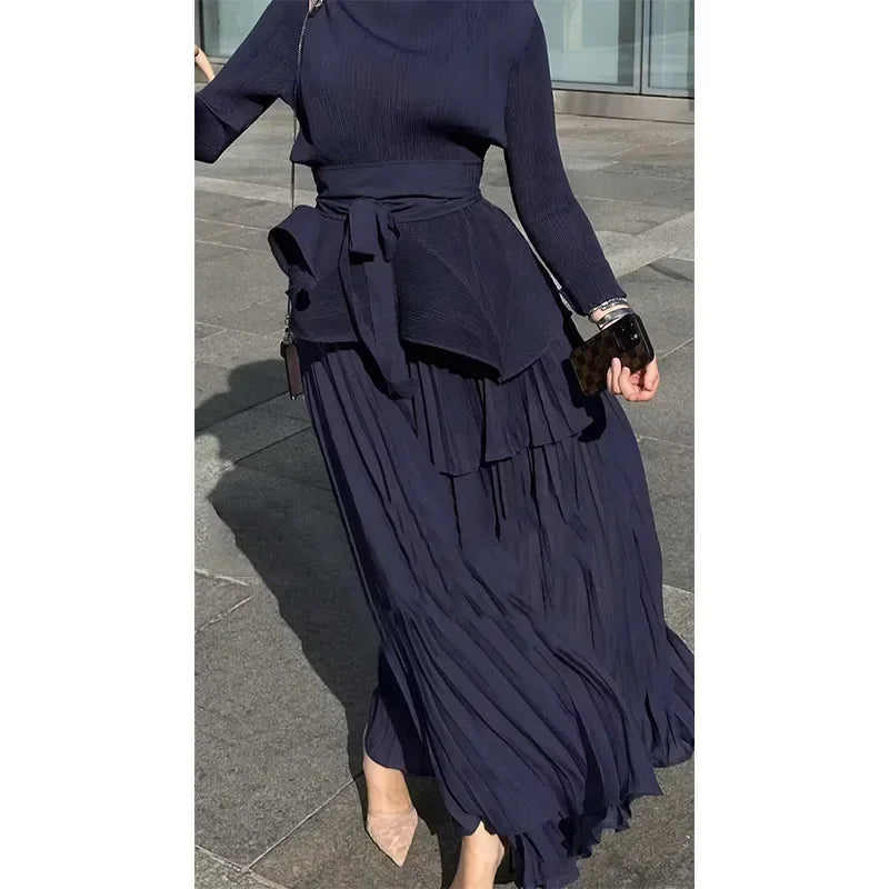Amay Pleated Irregular Lantern 2 Piece Set Skirt + Long Swing Dress Set Autumn Solid Long Sleeved Lace Up Design Two Piece Set