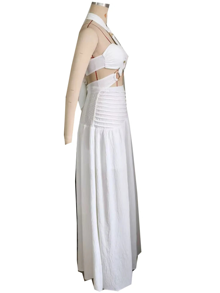 Maxy Beyerene Elegant Gold Ring Bandeau Long Skirt Two-Piece Set Women Beautiful Cut-Out Ruched Maxy Skirt Set White Vacation Outfits