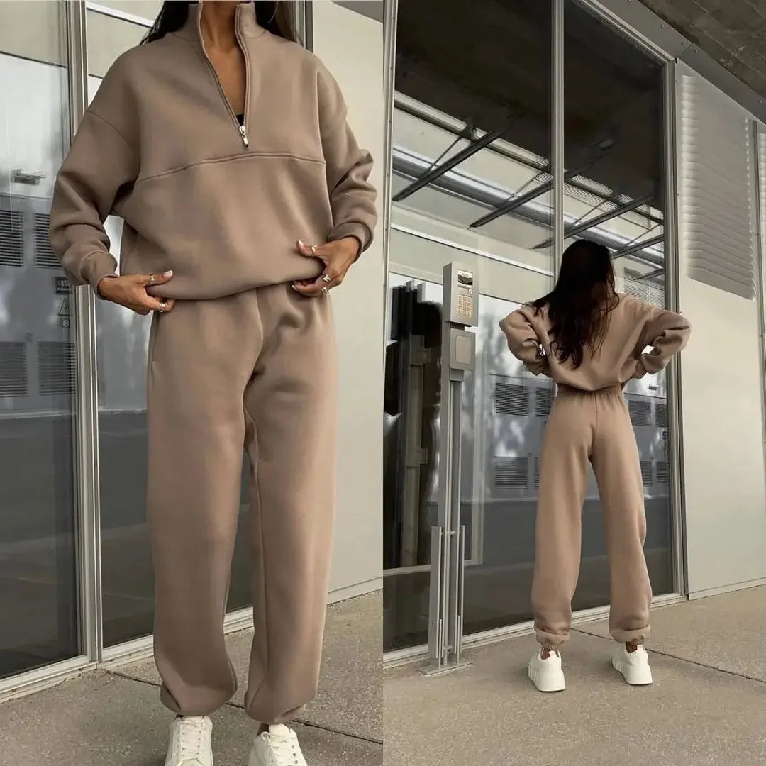 Maxy Casual Pants Sets Woman Autumn Loose Pullovers Zippers Long Sleeve Women's Tracksuit Elastic Waist Solid Trousers Sets All-match