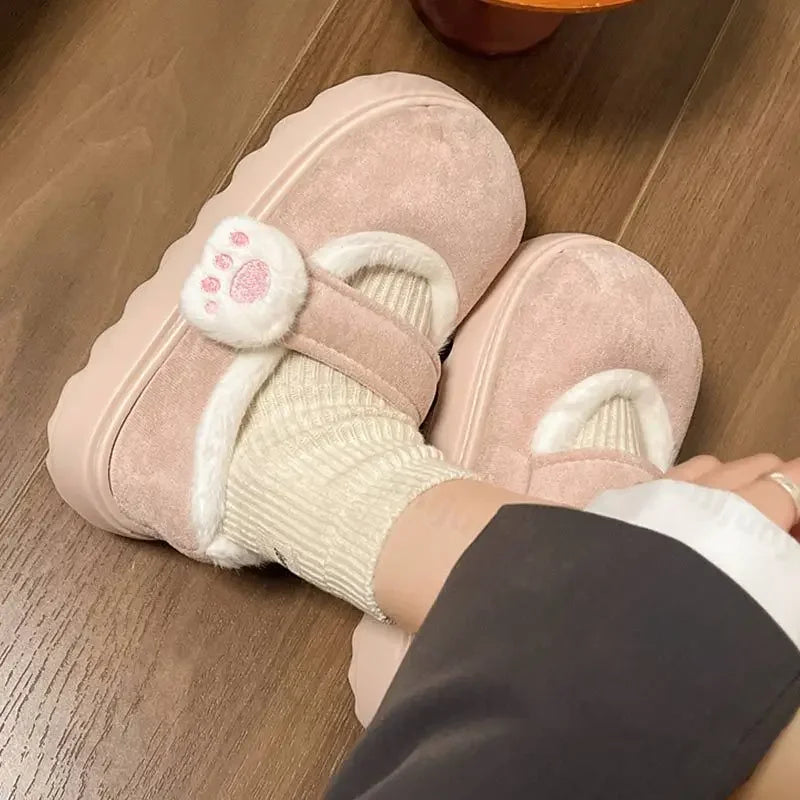 Maxy Cute Cat Paw Cotton Snow Boots Shoes for Women New Winter Velvet Thick Sole Outdoor Shoes Warm Round Toe Lazy Casual Shoes