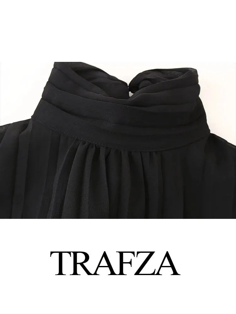 TRAFZA Woman Summer Bow Black Slim Elegant Short Party Shirt Dress Women New Fashion Long Sleeves Pleated Mini Dress Mujer