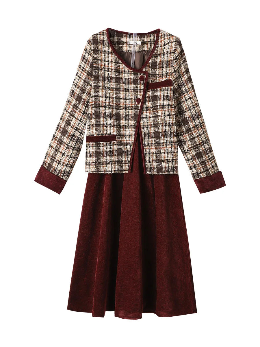 Maxy 150Kg Plus Size Women's Bust 155 Autumn Loose Small Fragrant Jacket Gold Velvet Skirt Two-Piece Set 5XL 6XL 7XL 8XL 9XL