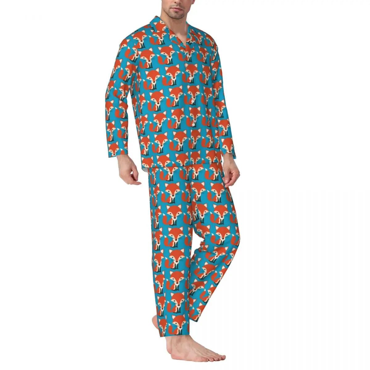 Maxy Cute Fox Print Pajama Sets Funny Christmas Kawaii Sleepwear Man Long Sleeve Loose Leisure 2 Pieces Nightwear Big Size XL 2XL