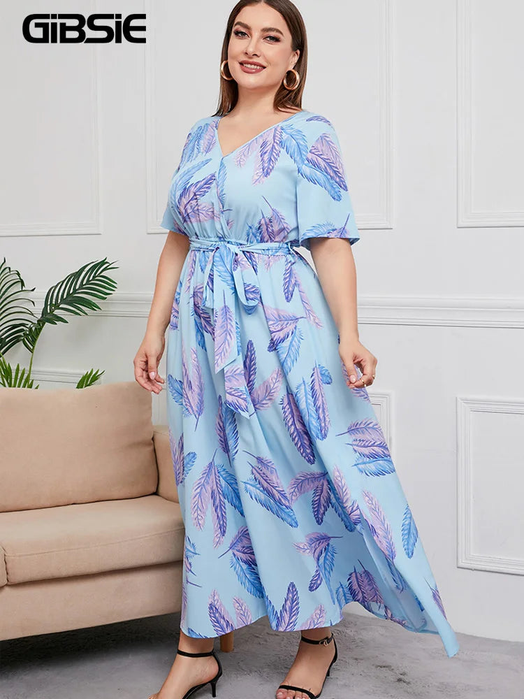 Gacy Plus Size V Neck Floral Print Boho Dress Women Summer Short Sleeve Maxy Dresses Holiday A-line Female Belted Dress