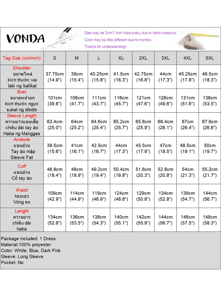 Maxy Plus Size 5XL VONDA Women Elegant Shirt Dress Ruffle Pleated Maxy Long Dress Casual Loose Solid Sundress Long Sleeve Robe