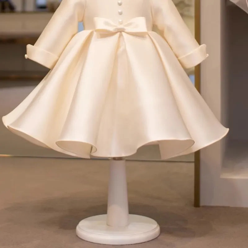 Maxy Newborn Girl Princess Bow Button Dress Long Sleeve Infant Toddler Child Vestido Wedding Party Birthday Baby Clothes 12M-10Y