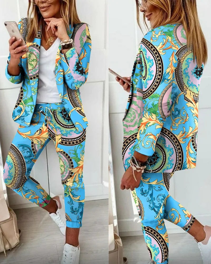 Maxy Spring Autumn Two Piece Sets Women Printted Elegant Blazer & Pants Set Outifits Fashion Tracksuits Casual Elegant Female Sets