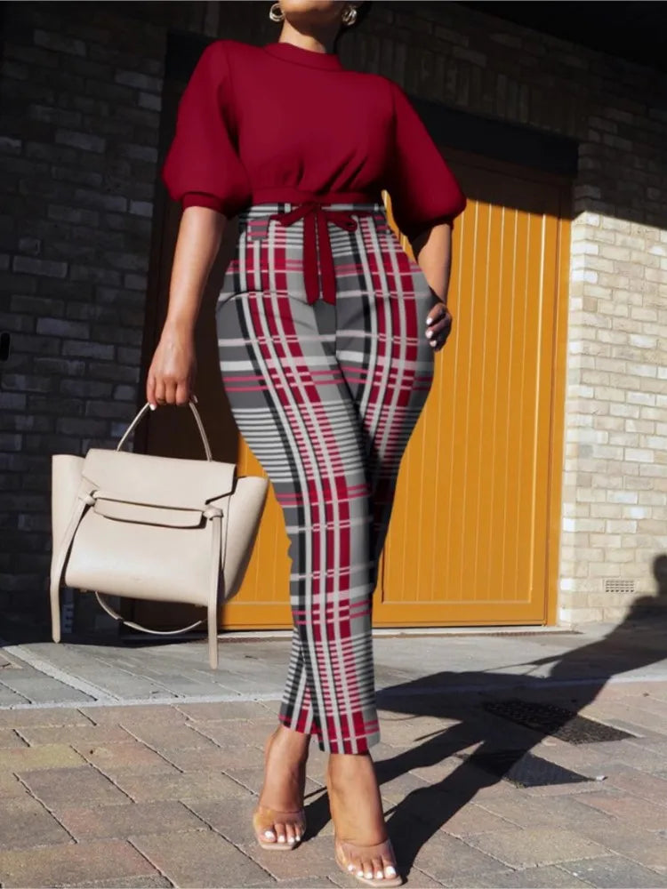 Maxy Fashion Plaid Print Two Pieces Sets Women's Autumn Lanntern Sleeve Top & High Waist Tied Slim Long Pants Casual Streetwear Set