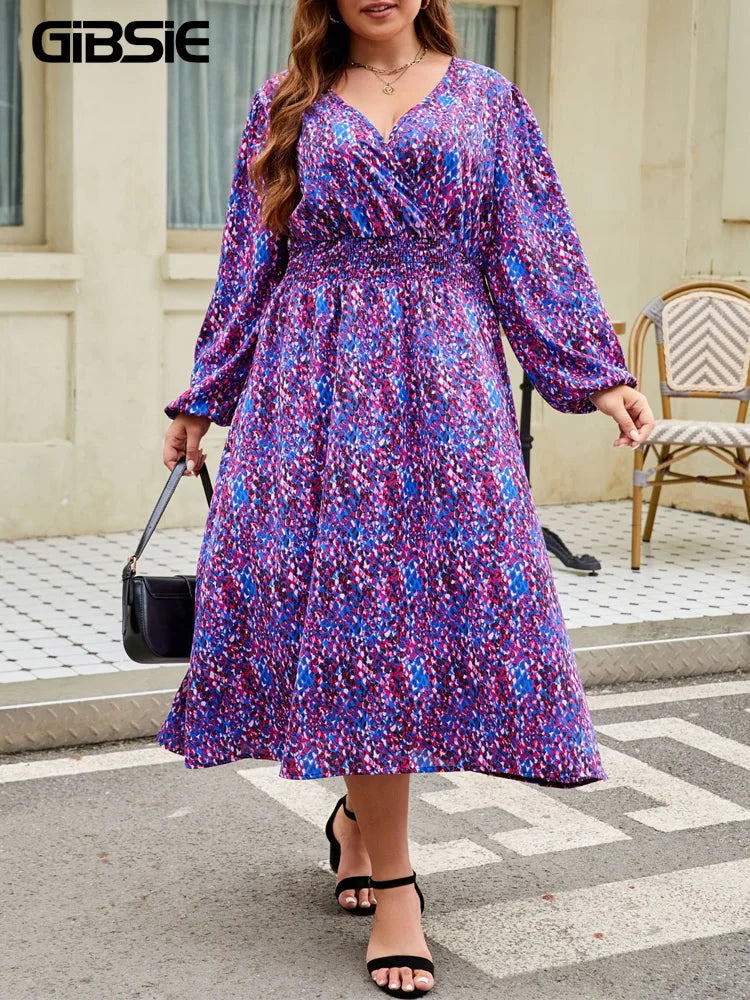 Maxy Plus Size Boho Causal Print Long Dress Wrap V Neck Full Lantern Sleeve Elegant High Waist A-Line Dresses for Women