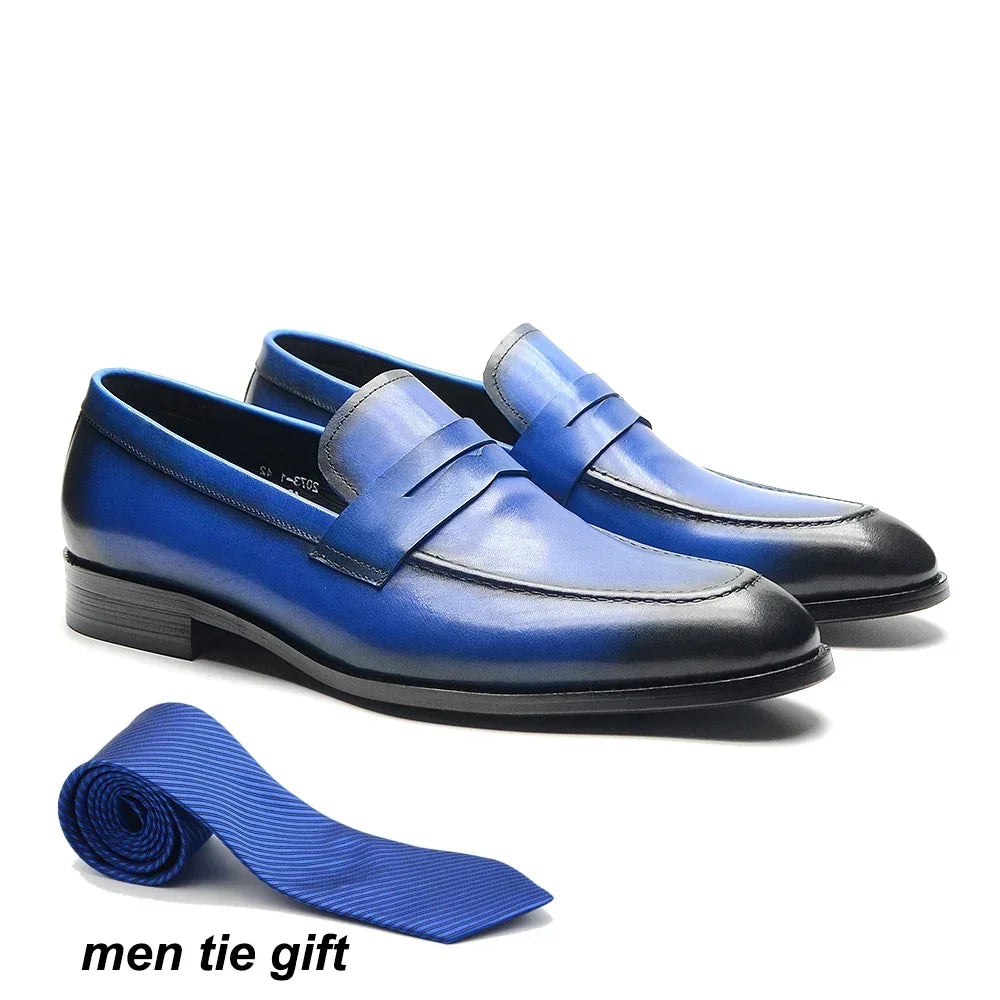 Visco Classic Handmade Mens Penny Loafers Genuine Leather Blue Wedding Party Formal Shoes Italian Style Business Dress Shoes for Men