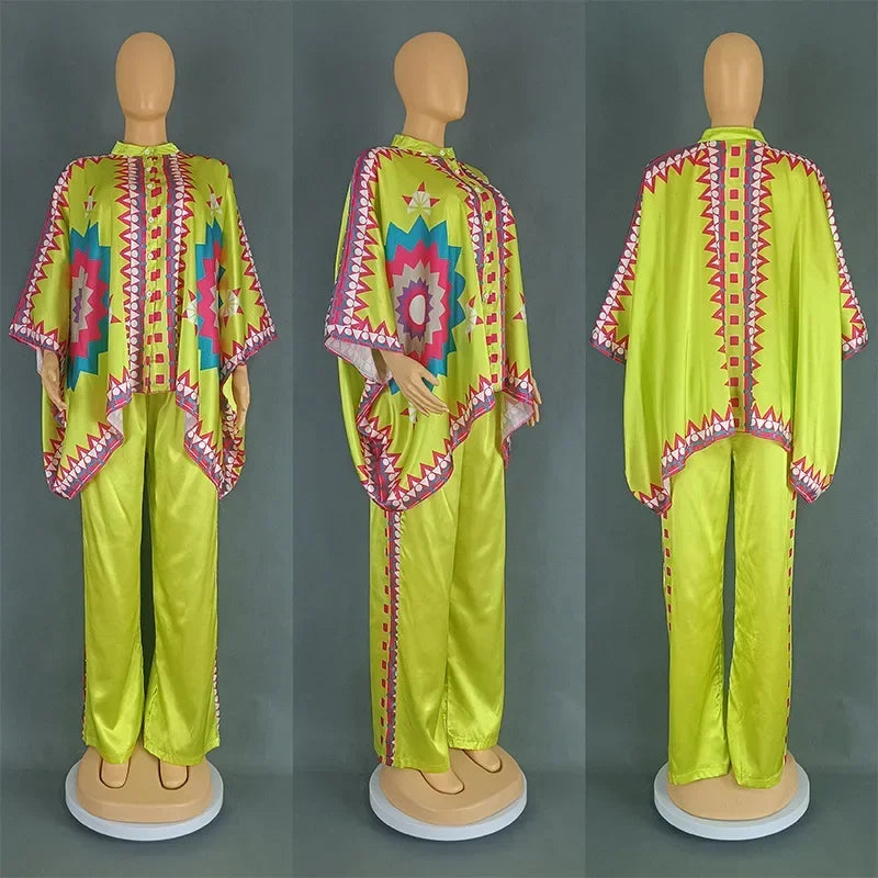 Maxy 2 Pieces Sets Matching African Silk Clothes for Women 2024 Top and Pants Suits Elegant Lady Party Wear Plus Size