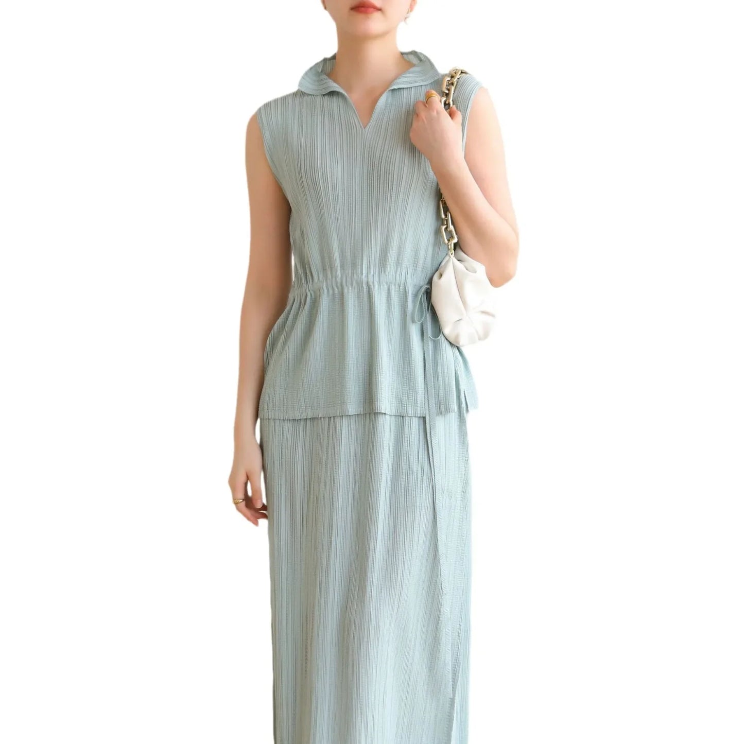 Maxy Pleats Pleated Skirt Suit Summer Drawstring Big Size Loose Thin Elegant Temperament T-shirt + Half Skirt Suit Clothing