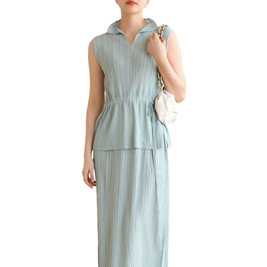 Maxy Pleats Pleated Skirt Suit Summer Drawstring Big Size Loose Thin Elegant Temperament T-shirt + Half Skirt Suit Clothing