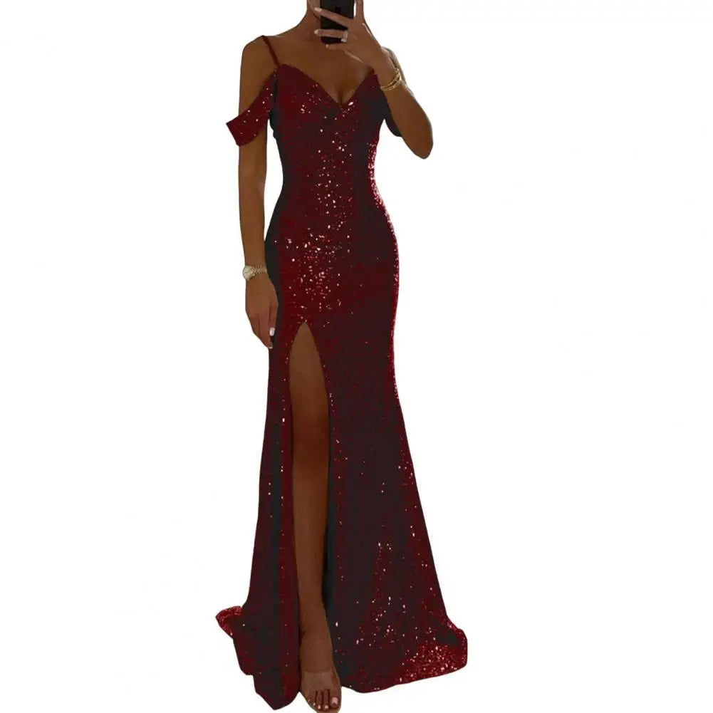 Amay V Neck Dress Elegant Sequin Ball Gown for Prom Wedding Parties Off Shoulder V Neck Maxi Dress with Side Slit Slim Fit Banquet