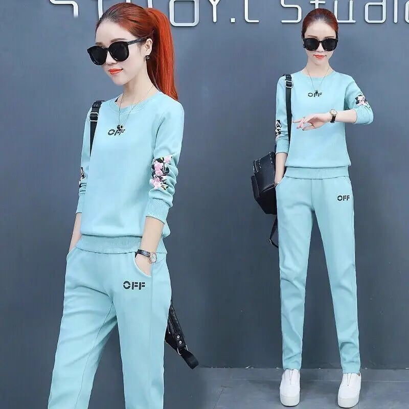 Maxy Summer New Daisy Loose Pants Suit Women's Track Korean Version Splicing Long Sleeved Top and Trousers Two Piece Set