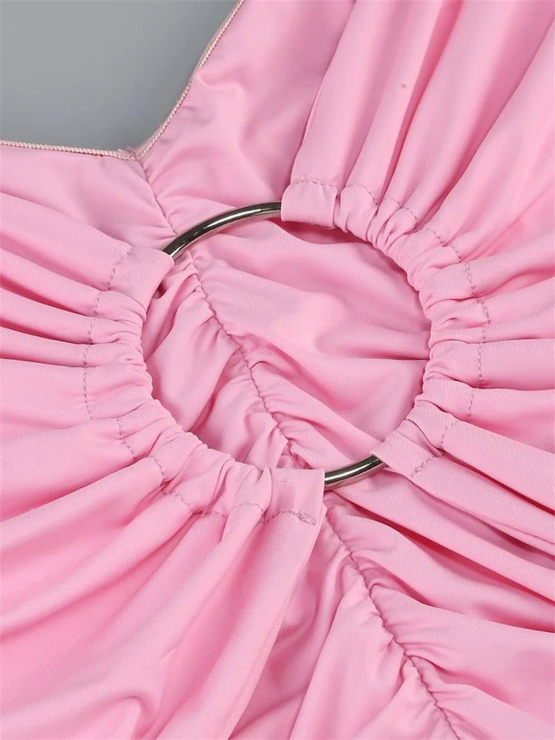 Off The Shoulder Hollow Women's Prom Dress Metal Ornaments Ribbon Party Gown Pleated High Waist Short Mini Newest In Stock