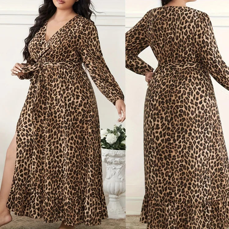 Gacy Plus Size Fashion Leopard Print Slit Long Sleeve Long Dress Women's Spring 2025 Sexy V-Neck High Waist Belted Ruffles Maxy Dress