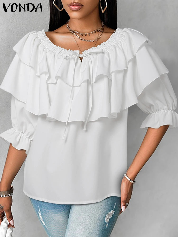 Maxy Plus Size 5XL Women Blouse Fashion Solid Color Off Shoulder Tunic Casual Multi-layer Ruffle Shirts Bohemian Tops