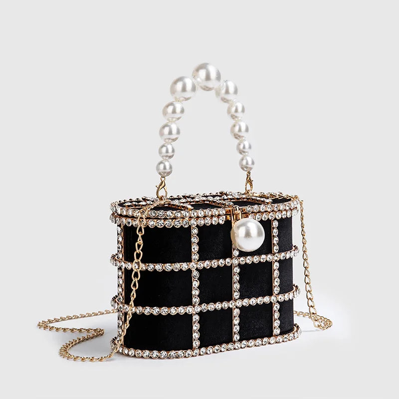 Maxy Luxury Diamond Metal Bucket Pearl Handle Women Party Clutch Purses and Handbags French design Ming Ai Wedding Chain Shoulder Bag