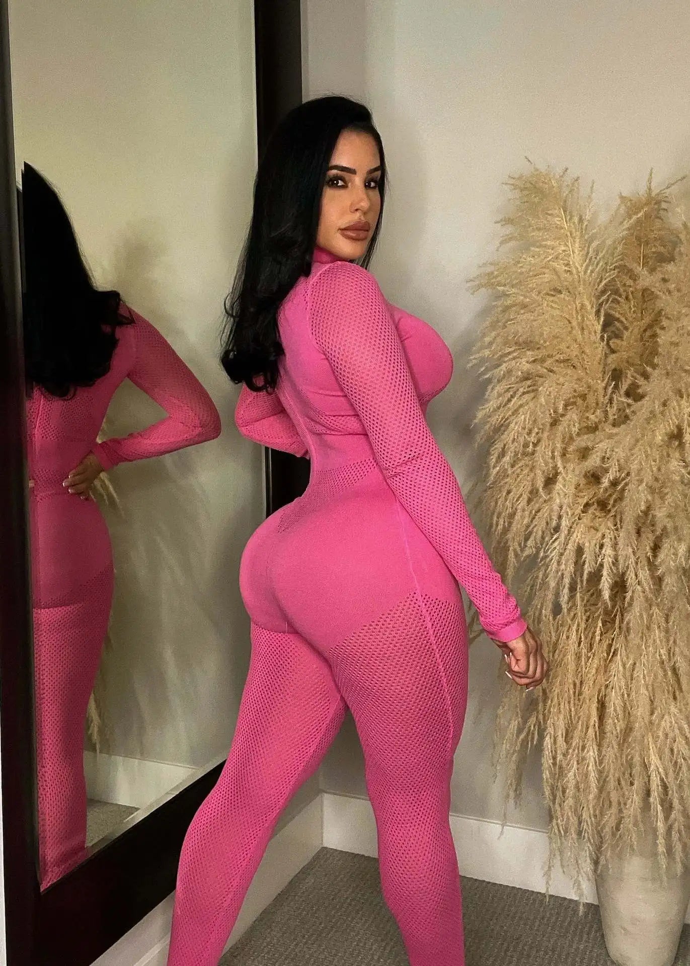 Amay Lady Streetwear Slim Plain Ripped Stand Collar Distressed Cut Out Knit Bodycon Casual Women Grey Long Sleeve Jumpsuit