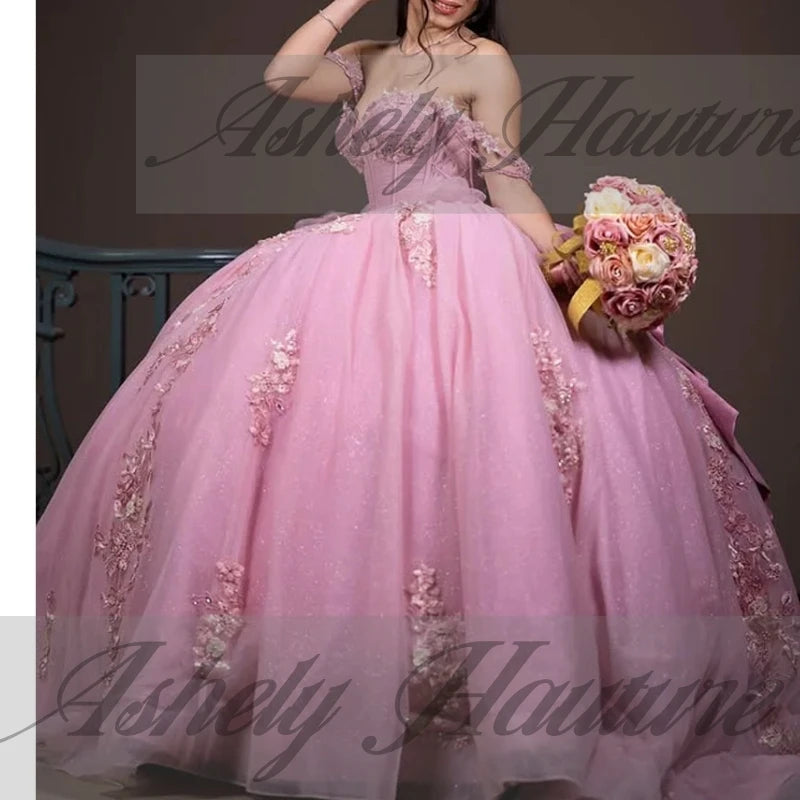 Maxy Princess Customized Mexican Pink Ball Gown Quinceanera Dresses For 15 Girls Beaded Appliques Women Prom Celebrity Party Gowns Vestidos