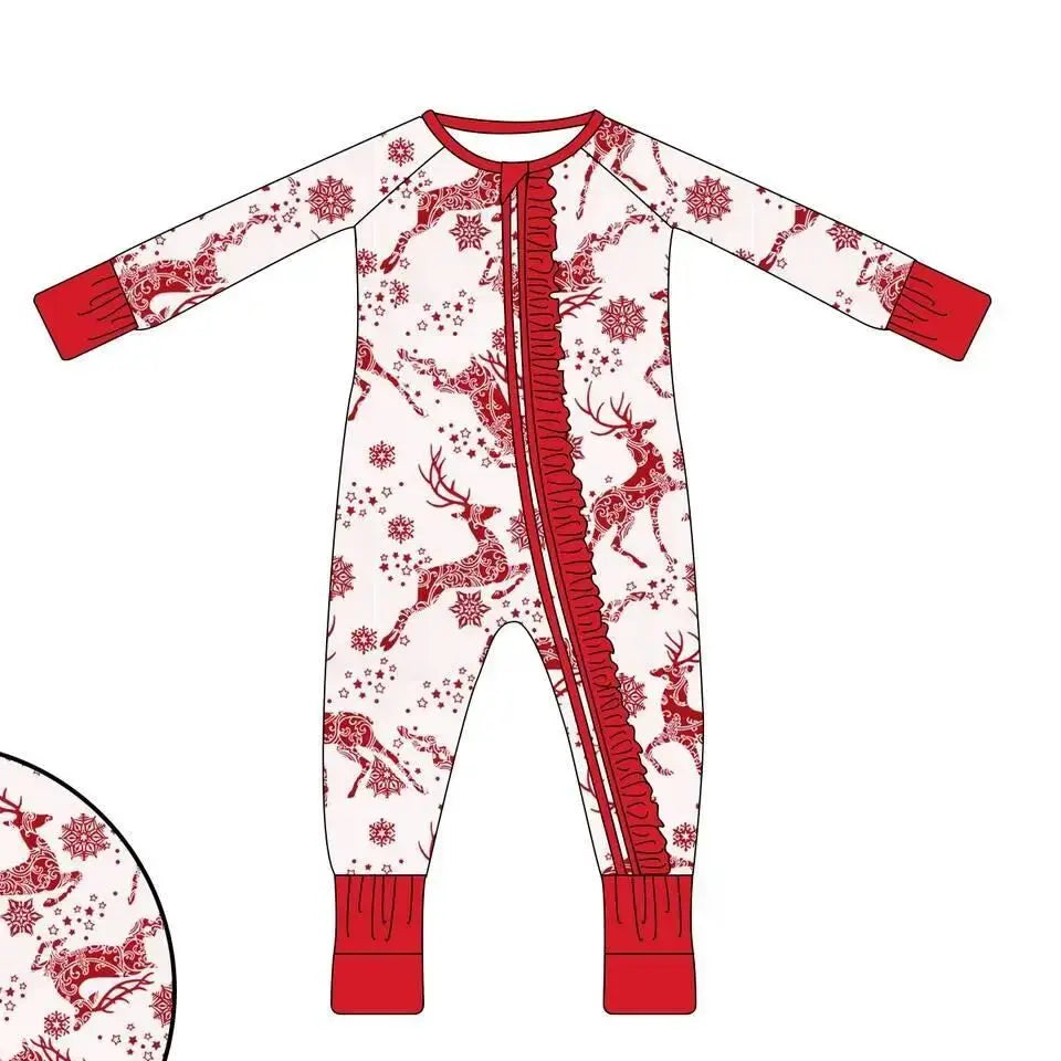 Maxy Boutique children's suit Christmas long-sleeved lace deer tree socks print girls dress boys' pajamas set baby zipper jumpsuit