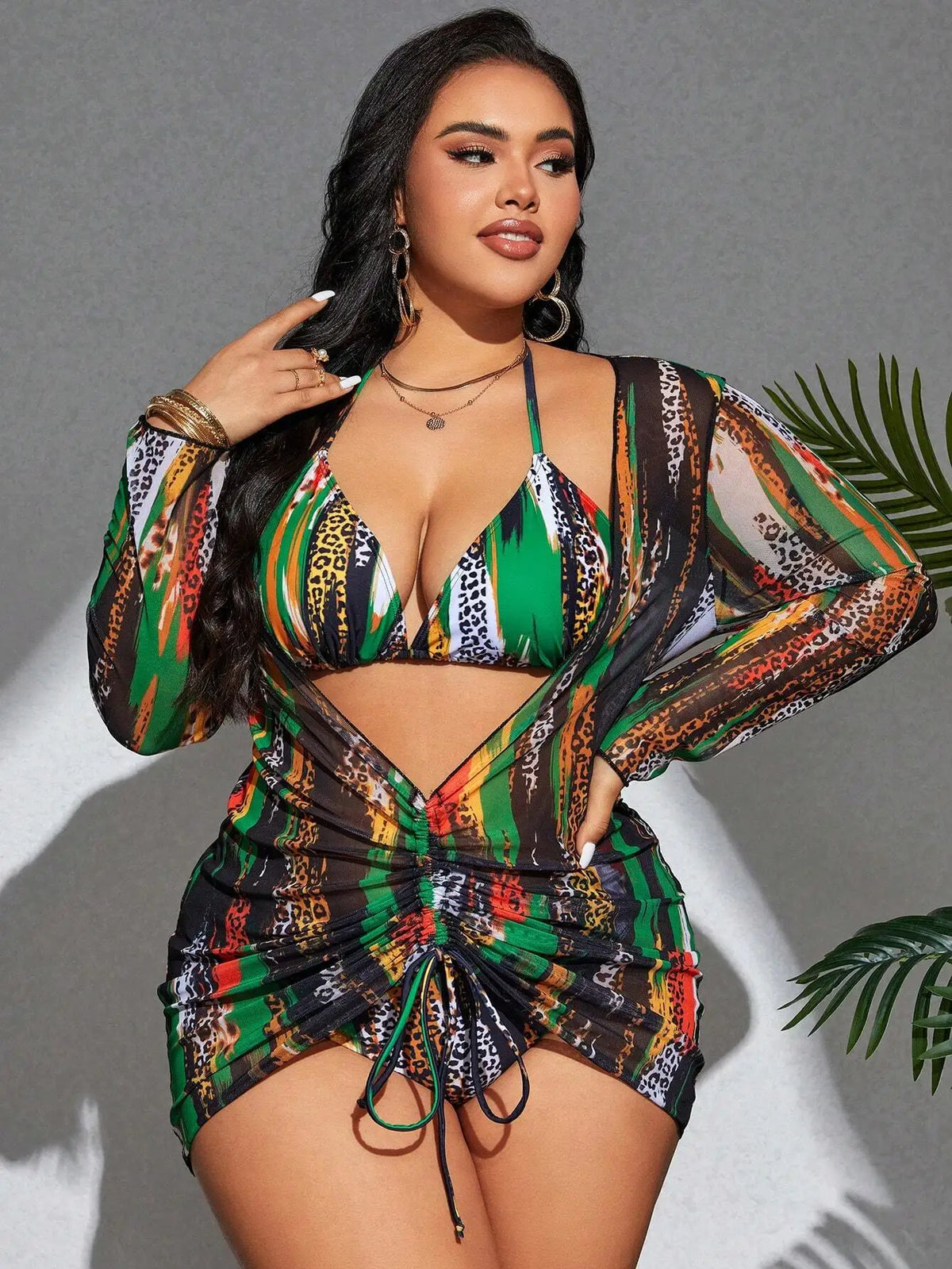 Maxy Vibrant Leopard and Color block 3-Piece Plus Size Tankini Set For Beach Summer Festival Wear