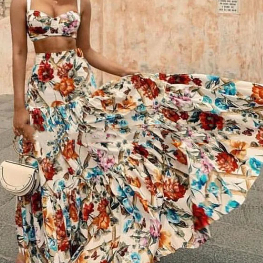 Maxy Bohemian Print Skirt Two Piece Set For Women Sexy Crop Camisole Top And Skirts 2 Piece Sets Summer Beach Holiday Suit Female