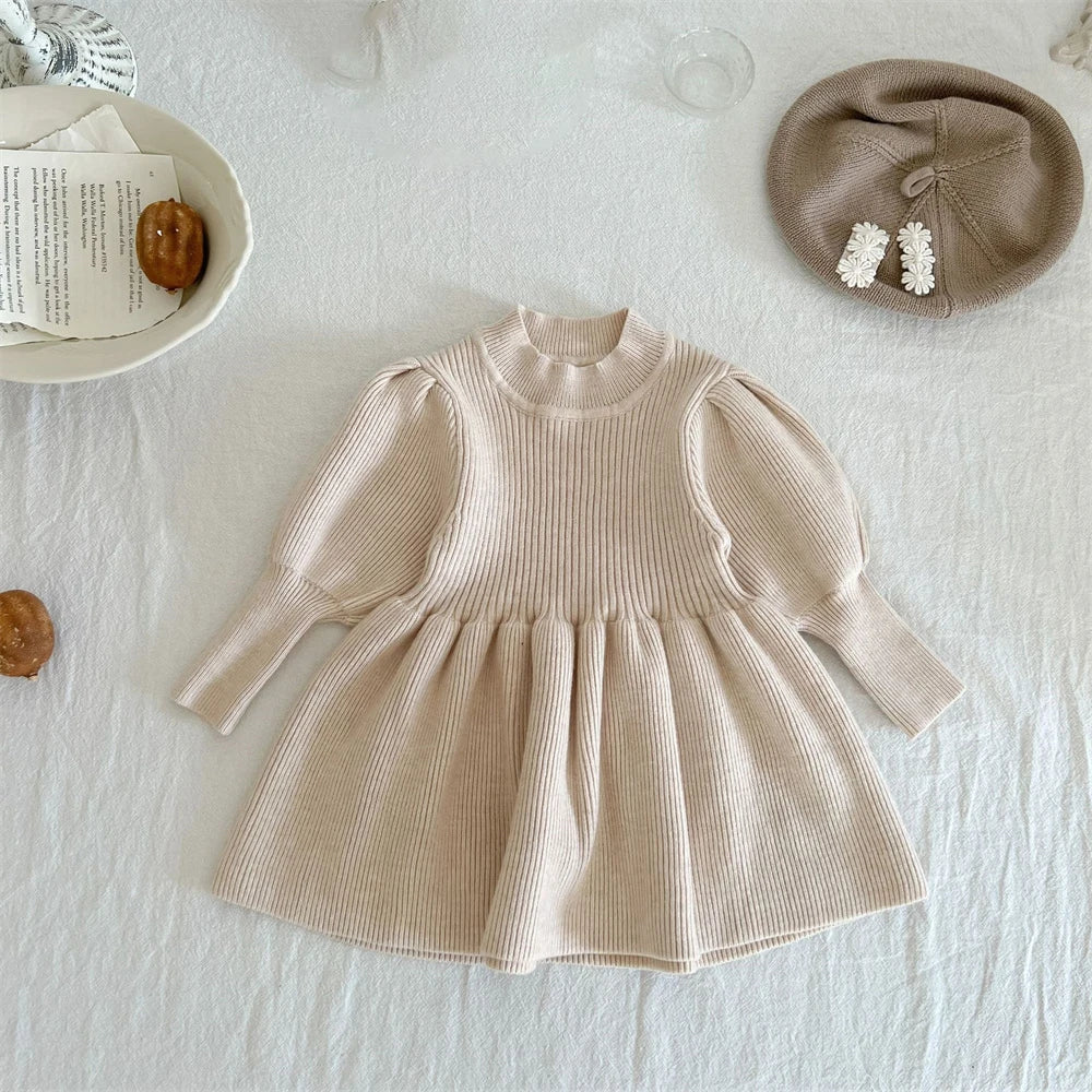 Maxy Baby Girls Knitted Dress Solid Long Sleeve Toddler Girl Clothes for 1 to 4 Years Warm Kids Sweater Dresses